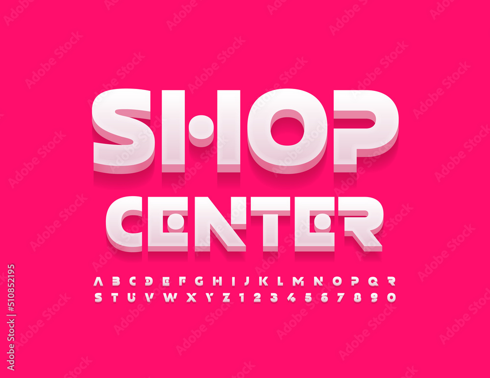 Vector stylish sign Shop Center. Unique White 3D Font. Modern creative Alphabet Letters and Numbers set