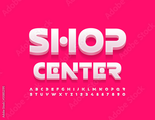 Vector stylish sign Shop Center. Unique White 3D Font. Modern creative Alphabet Letters and Numbers set