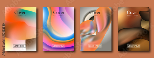 Abstract gradient fluid liquid cover template. Set of cover, poster, vibrant color, circle shape, cute elements, hologram. Retro style design for flyer, wallpaper, banner, brochure design.
