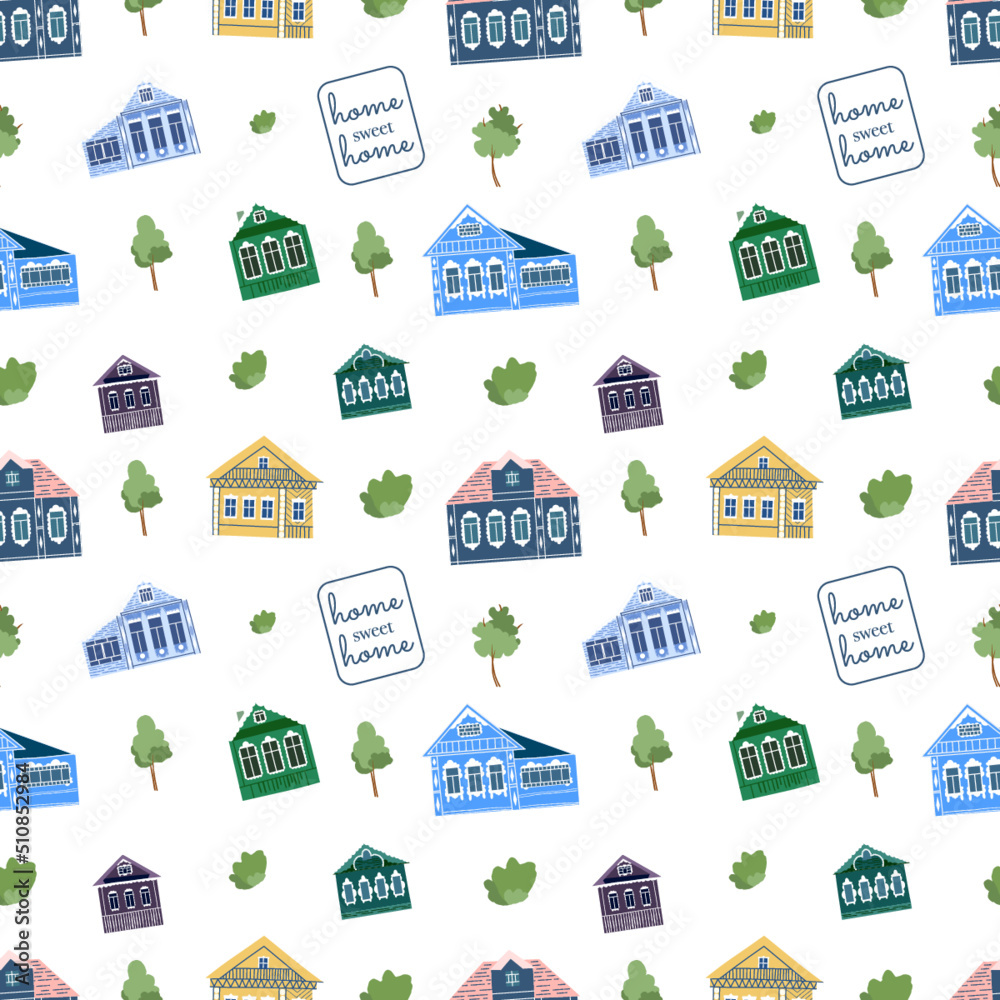Seamless vector pattern in folk style. Pattern with cute houses in hand-drawn style