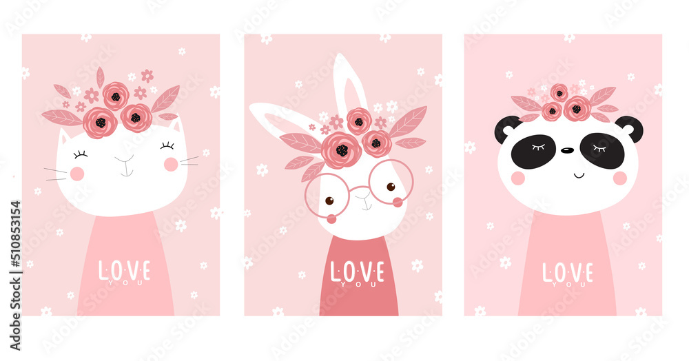 Print. Vector set of kids posters with animals. Posters for girls. Children's room decor. cute kitty, cartoon rabbit, cute panda Print. Vector set of kids posters with animals. Posters for girls. Children's room decor. cute kitty, cartoon rabbit, cute panda