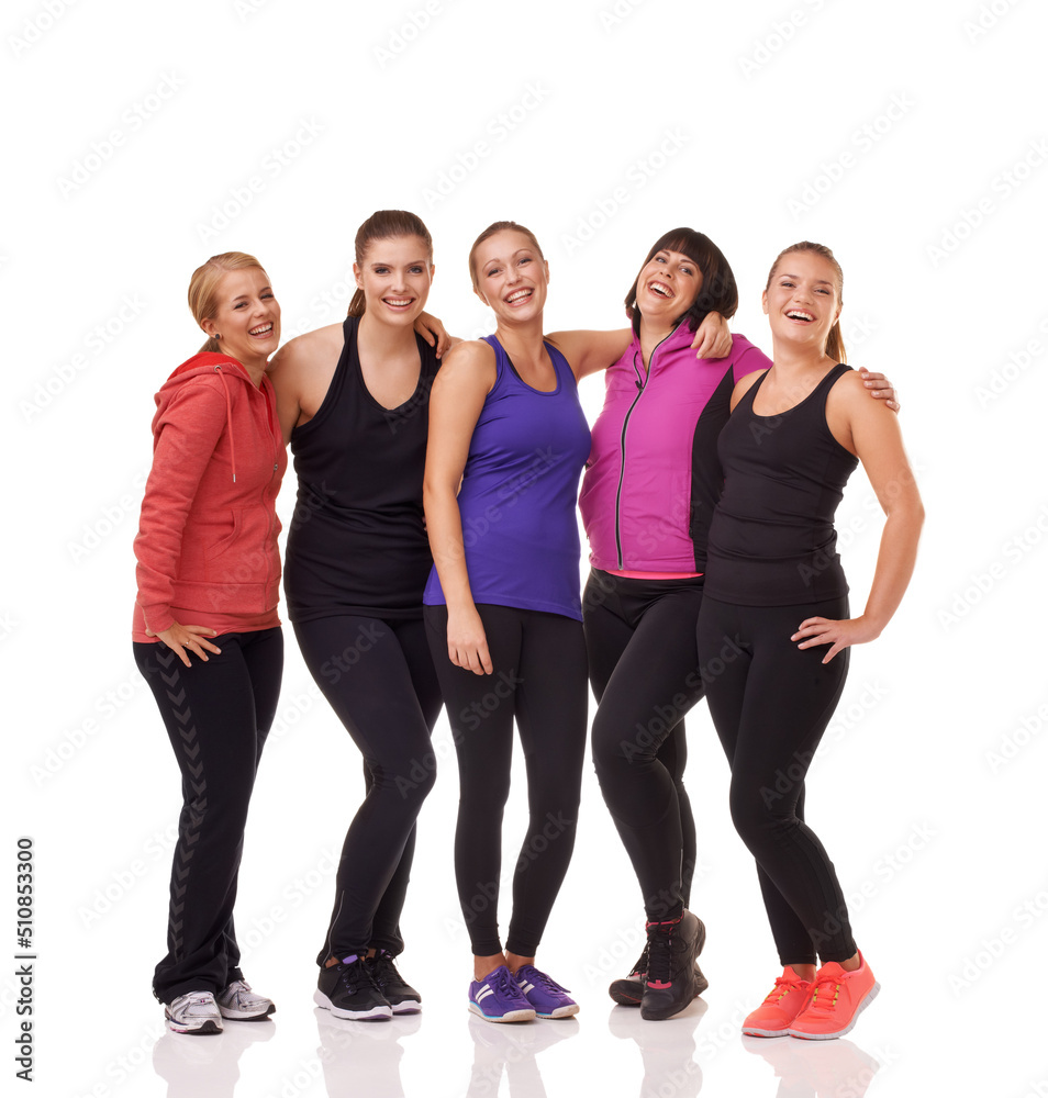 Committed to fitness. A group of excited women of different body shapes standing isolated on white while wearing sportswear.