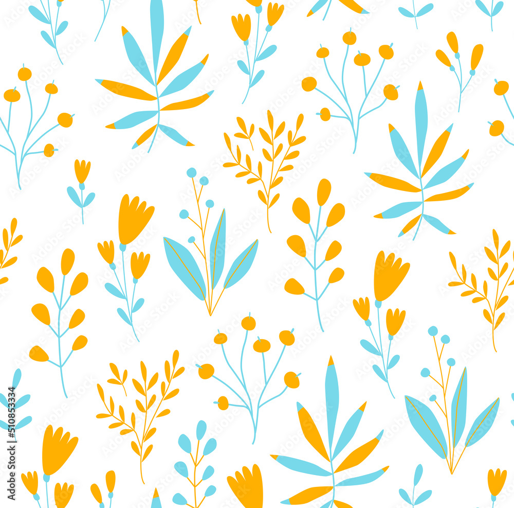 Print. Seamless botanical background of delicate wildflowers. Field plants, berries. Vector floral pattern. Fabric, paper. Wallpaper.
