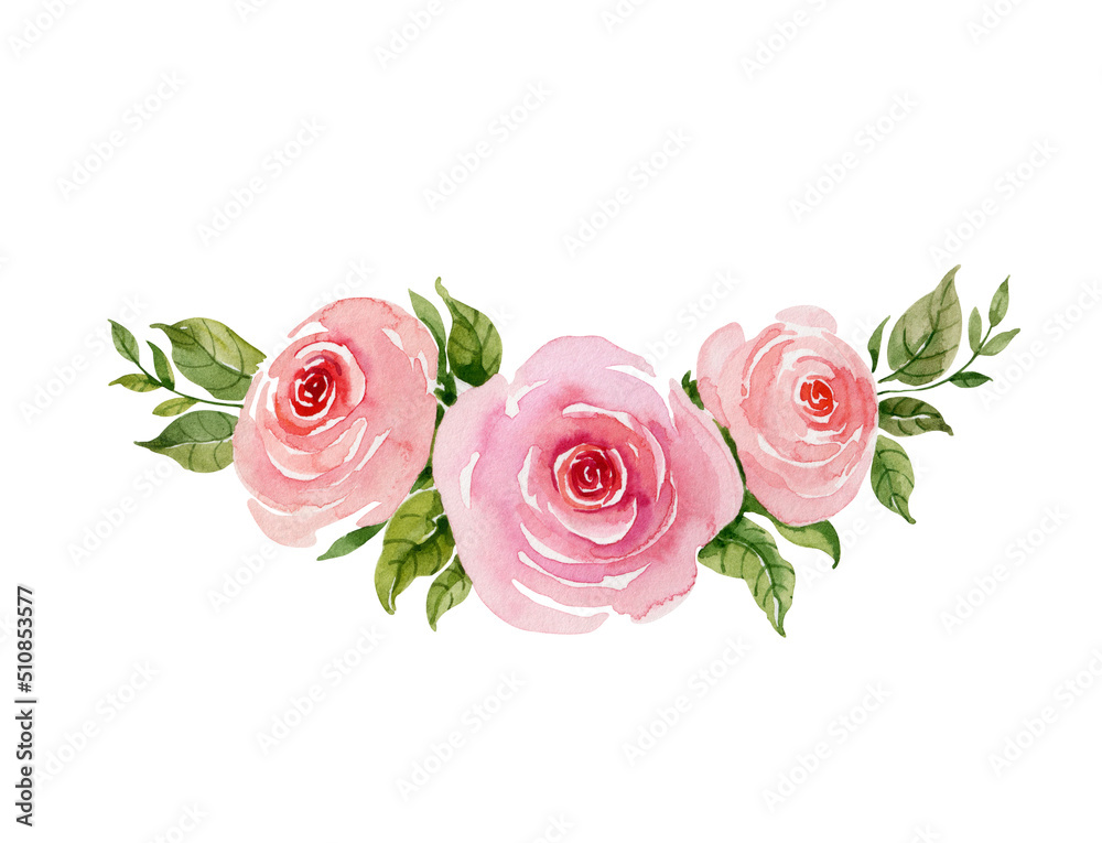 Pink roses bouquet for greeting card, invitation, poster, wedding decoration. Watercolor illustration isolated on white background.