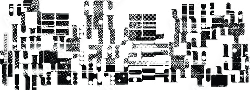 Glitch distorted geometric shape . Noise destroyed logo . Trendy defect error shapes . Glitched frame .Grunge textured . Distressed effect .Vector shapes with a halftone dots screen print texture.