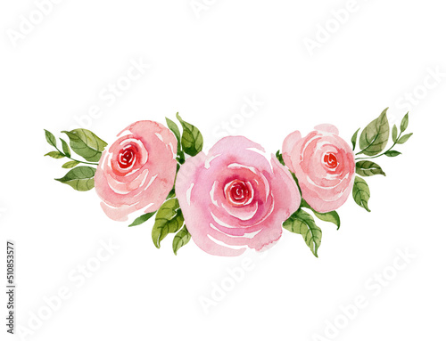 Pink roses bouquet for greeting card  invitation  poster  wedding decoration. Watercolor illustration isolated on white background.