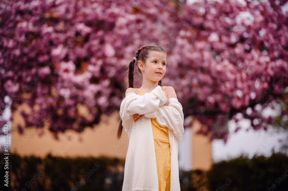 Little preschooler girl in yellow dress, white cardigan with long hair stand before pink sakura tree Little preschooler girl in yellow dress, white cardigan with long hair stand before pink sakura tree