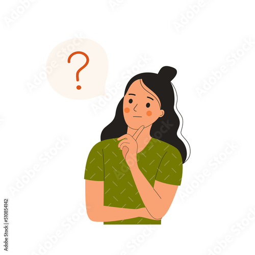 Young woman with question mark in think bubble. Flat style cartoon vector illustration.