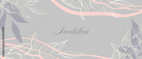 Wedding invitation abstract background in boho style with golden lines and botanical leaves, organic shapes. Abstract art vector background design for wedding and vip cover template.
