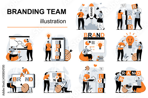 Branding team concept with people scenes set in flat design. Women and men launch business brand, create logo and identity, company personality. Vector illustration visual stories collection for web