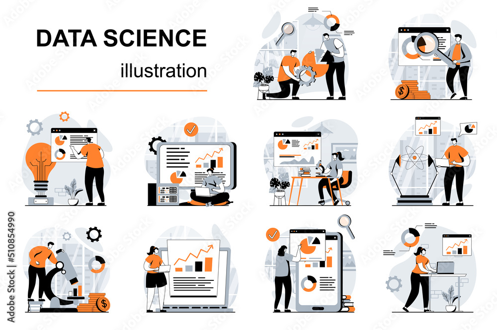 Data science concept with people scenes set in flat design. Women and ...