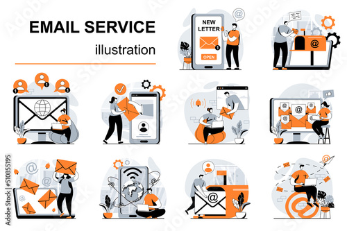 Email service concept with people scenes set in flat design. Women and men writing letter, chatting and sending messages. Online correspondence. Vector illustration visual stories collection for web