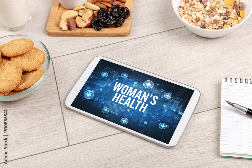 Tablet Pc with fruits, healthy concept concept Tablet Pc with fruits, healthy concept concept