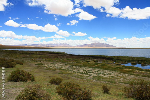 Salt lagunas and volcanos and red rocks southern from San Pedro de Atacama. Stunning scenery at Atacama desert, Chile, South America