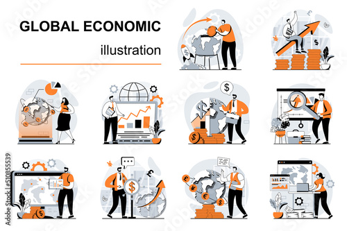 Global economic concept with people scenes set in flat design. Women and men researching market trends and developing international business. Vector illustration visual stories collection for web