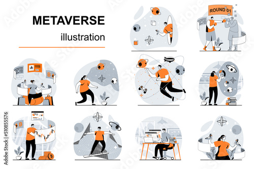 Metaverse concept with people scenes set in flat design. Women and men in VR glasses interacting with augmented reality for games, learning, work. Vector illustration visual stories collection for web