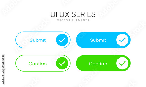 Submit button for UI UX, mobile application, presentation. Hand click approve sign. True symbol. Confirm buton. Simple flat design pastel color. Isolate on white background. Submit and confirm icons.