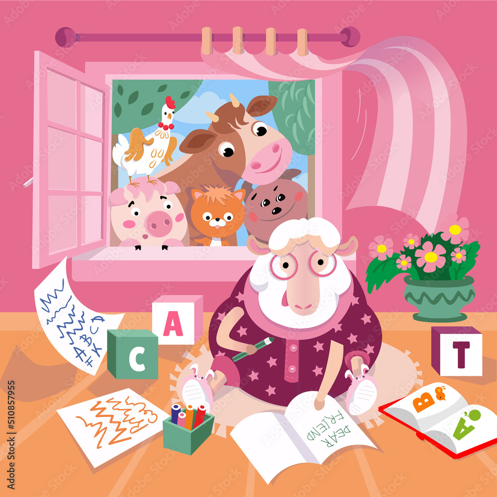 Cute sheep in glasses writes letter. Farm animals look into room with open window. Vector color illustration in cartoon style. Picture for design of posters, games, books, puzzles. 
