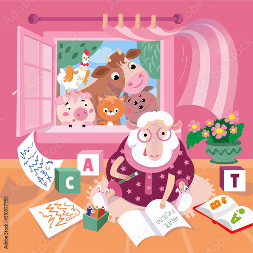 Fototapeta Naklejka Na Ścianę i Meble -  Cute sheep in glasses writes letter. Farm animals look into room with open window. Vector color illustration in cartoon style. Picture for design of posters, games, books, puzzles. 