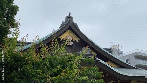 Beautiful ridge of rooftop with central decor pieces, Sakura petals as their family crest “Kamon” delicately designed “Yushima Tenjin” enshrinement established in year 458, Ueno Tokyo, photo 2022/6/14