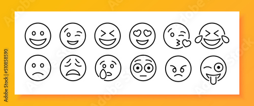 Emoticon set icon. Sadness, crying, love, laughter, surprise, tongue, anger, consternation, startle, distempered emotion, feeling, emoji. Mood concept. Vector line icon for Business and Advertising