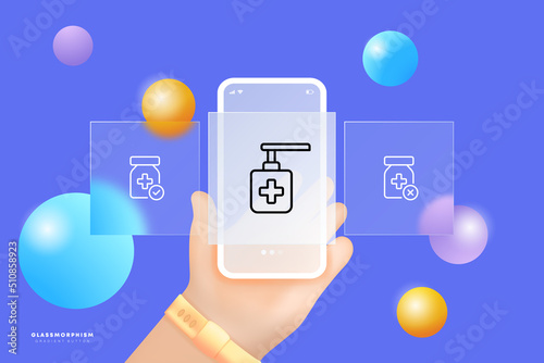 Medicine set icon. Tablet, tick, cross, antiseptic, liquid soap, syrup, pharmacy, first aid kit, hospital. Health care concept. Glassmorphism. UI phone app screens. Vector line icon for Business