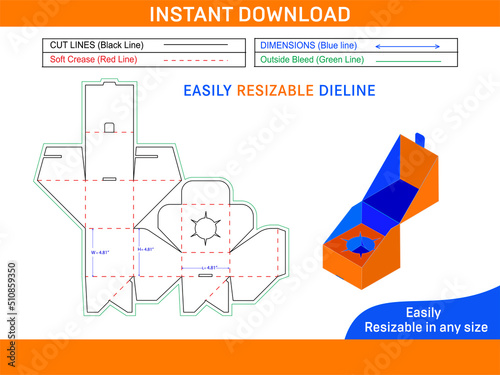 Square size auto bottom lock box dieline template and 3D trndering box Box dieline and 3D box