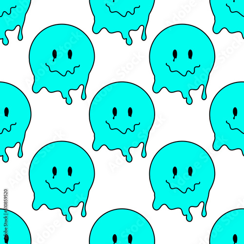 Funny smile dope faces seamless pattern. psychedelic surreal techno melt smile background. Trippy smiley faces, techno, melting smile face cartoon background wallpaper concept art. Y2K aesthetic