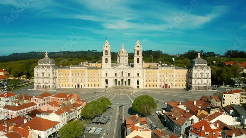 Aerial view of the Palace of Mafra. Unesco world heritage in Portugal.  Aerial top view of the Royal Convent and Palace of Mafra, baroque and neoclassical palace. Drone view of a historic castle. photo