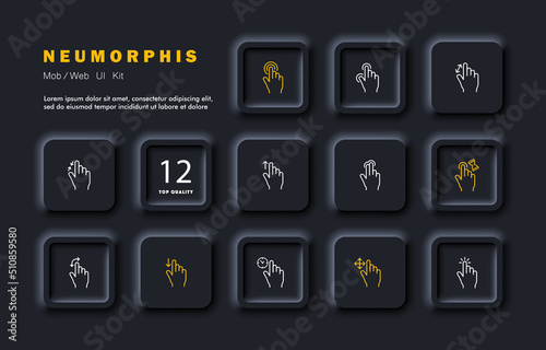 Tap set icon. Click, Index finger, zoom, tapping, sliding, Scrolling, touch, cursor, arrow, sensor, watch. Pressing concept. Neomorphism style. Vector line icon for Business and Advertising