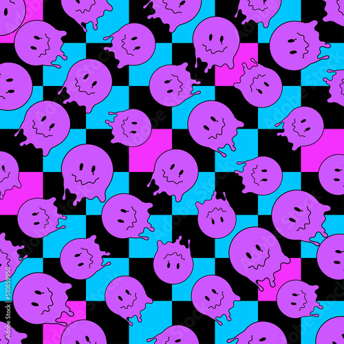 Funny smile dope faces seamless pattern. psychedelic surreal techno melt smile background. Trippy smiley faces, techno, melting smile face cartoon background wallpaper concept art. Y2K aesthetic
