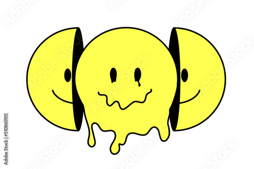 Funny psychedelic melt smile face. Melted smiley face, trippy sticker. Two half smile face t-shirt print design. smiley fashion print for t-shirt, poster, hypocrisy, falseness concept. Y2K aesthetic