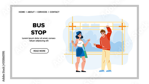 bus stop vector. city street, outdoor banner, urban road space bus stop character. people flat cartoon illustration