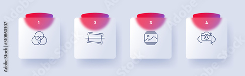 Photo set icon. Photographer, frame, cropping, cropping, filters, effects, gallery, camera, lens, 360 degree. Media concept. Glassmorphism style. Vector line icon for Business and Advertising