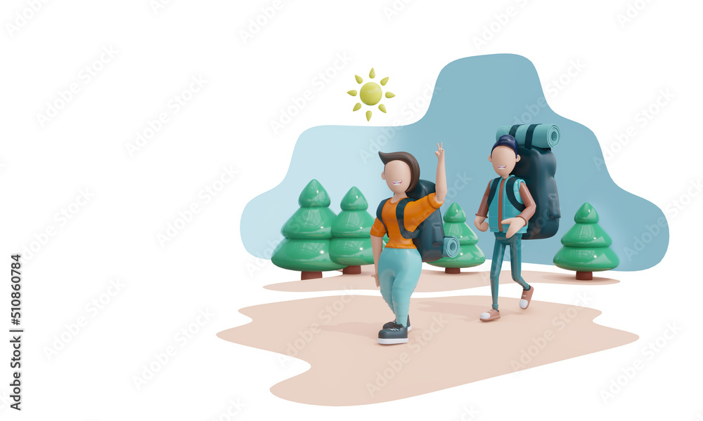 Fototapeta premium 3d render. Cute tourists with backpacks walk through the forest