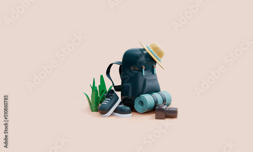 3d render. Luggage. Tourist backpack with hat and boots. Hiking