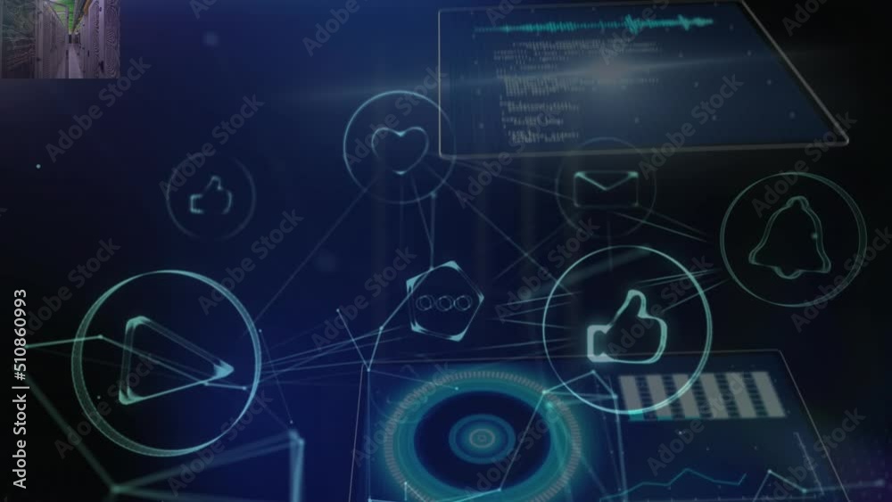 Animation of network of connections with icons over navy background Animation of network of connections with icons over navy background