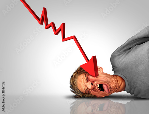Fotografija Recession pain and painful economic markets as a downward arrow financialy hitti