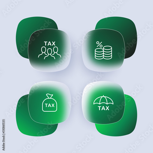 Tax set icon. Protection, tax time, expenses, salary, bomb, bag, discount, cashback, umbrella, income. Money concept. Glassmorphism style. Vector line icon for Business and Advertising