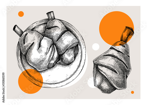Ham hock trendy drawing. German food sketch. Oktoberfest menu design element. Hand drawn fast food illustration for Octoberfest. Traditional German cuisine meal sketch. Pork knuckle in engraved style
