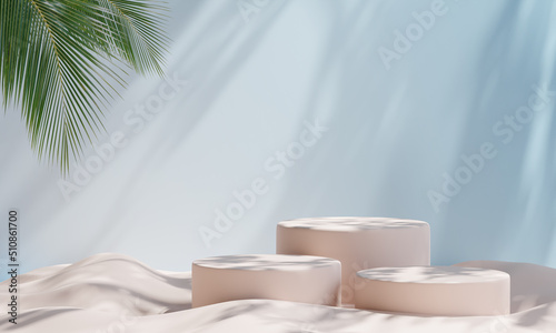 podium on sand background for product presentation. Natural beauty pedestal, earth tone colour, relaxation concept, 3d illustration