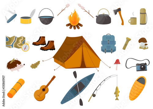 Set of tourist equipment - tent, backpack, sleeping bag, fishing rod, kayak and other items. Camping and hiking collection. Trekking equipment.