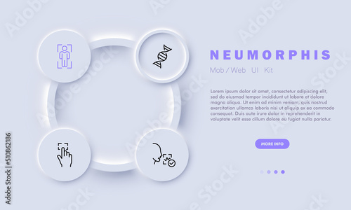 Biometry set icon. Pulse, heartbeat, identification, Rna, dna analysis, speech recognition, fingerprint, success, voice. Authentication concept. Glassmorphism style. Vector line icon for Business