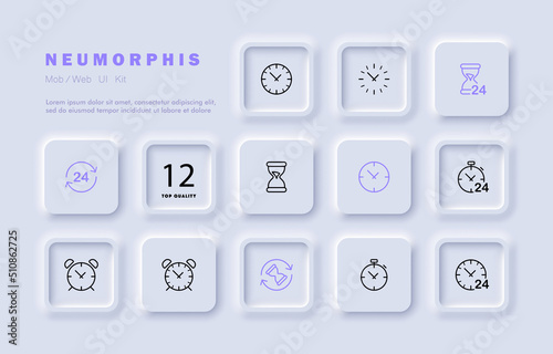 Time management set icon. Clock, alarm clock, around the clock, reminder, stopwatch, hourglass, calendar, wristwatch, wall clock. Punctuality concept. Neomorphism style. Vector line icon for Business