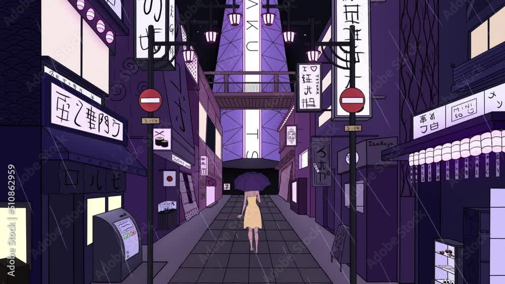 Girl in the rain on the streets of Japan. 2D animation in loop.
Nostalgic, anime style, lo fi