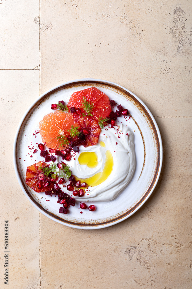 Labneh middle eastern lebanese cream cheese dip. Labneh with grapefruit