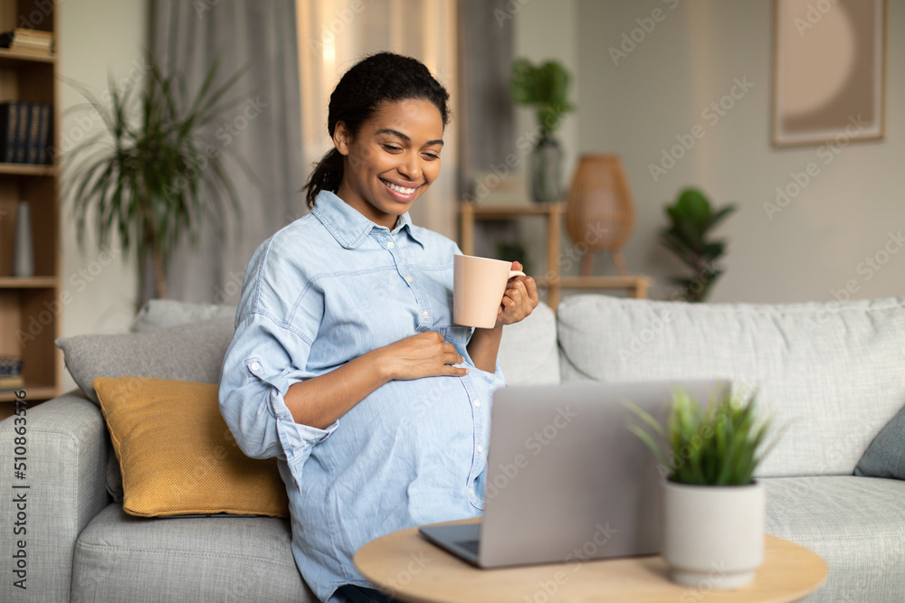 Happy Pregnant African American Woman Using Laptop Sitting At Home Happy Pregnant African American Woman Using Laptop Sitting At Home