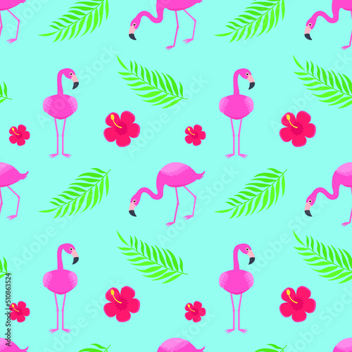 Pink flamingo bird pattern with tropical leaves and flowers