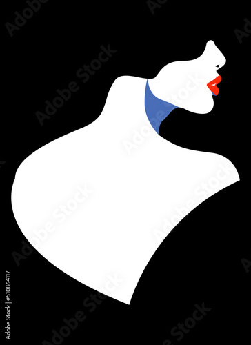 Vector illustration of a woman with red lips in white and black style. Silhouette of women social network community. Poster with a beautiful young girl with red lips.	