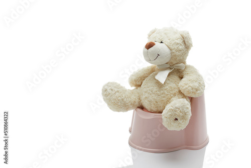 Toy bear on a children's pot isolated on white background. The concept accustom the child to the potty photo